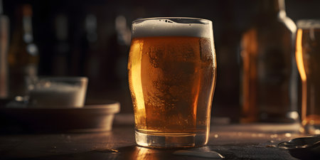 Glass of beer on a wooden table in a pub with a blurred backgroundの素材