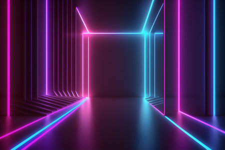 3d rendering, empty dark room with neon lights, neon tunnelの素材