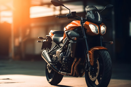 Close-up of motorcycle parked in the parking lot with sunlight.の素材
