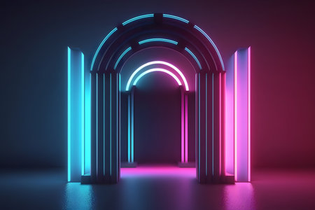 3d render, abstract background with neon lights, arch, portalの素材