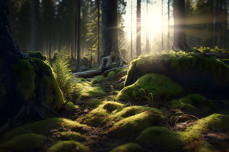 Mossy forest floor with sun rays in the background. nature composition.の素材