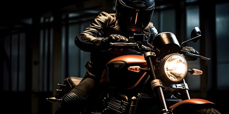 Biker in helmet and leather jacket sitting on motorbike at nightの素材