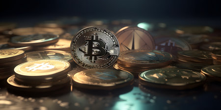 Bitcoin coins on a dark background. 3D rendering. Virtual cryptocurrency concept.の素材