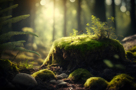 Fantastic green forest with moss covered tree trunk and blurred backgroundの素材