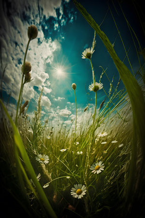 Summer meadow with daisies and clouds in the sky.の素材