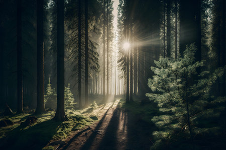 Mysterious dark forest with rays of light coming through the treesの素材