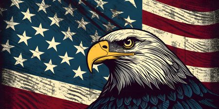 Eagle head on the background of the American flag. Vector illustrationの素材