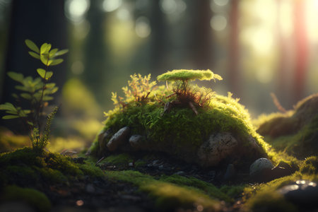 Mossy stones in the forest at dawn. selective focus.の素材