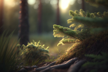 Pine tree in the forest at sunrise. Shallow depth of fieldの素材