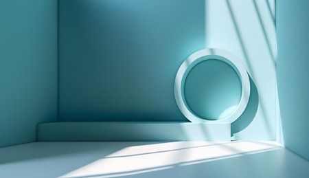 Abstract minimalistic blue interior with round podium. 3d render illustrationの素材