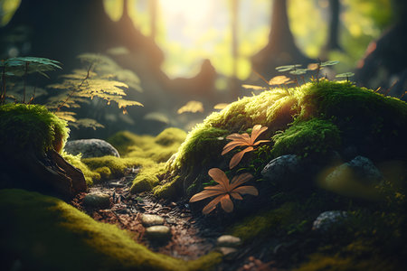 Fantasy forest with moss and flowers. 3d render illustration.の素材