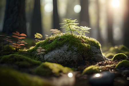 Fantasy forest with moss on stone in the rays of the setting sunの素材