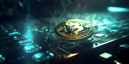 Bitcoin on a computer chip. Cryptocurrency concept. 3D Renderingの素材