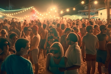 Dancing people on the beach at the night party. Colorful backgroundの素材