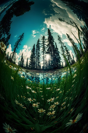 Reflection of pine trees in the lake with grass and flowers.の素材