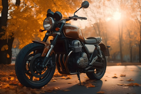 motorcycle on the road in the autumn park with fallen leavesの素材