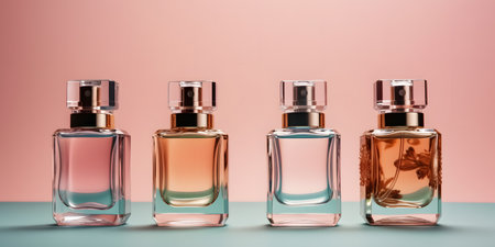 Perfume bottles on pink and blue background. 3d renderingの素材