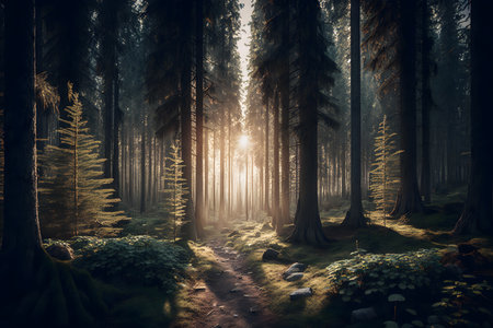 Fantasy forest with a path leading to the sun.3d renderの素材