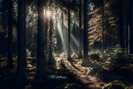 Mysterious dark forest with sun rays passing through the trees.の素材