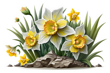 Daffodils with leaves and stones isolated on white background.の素材