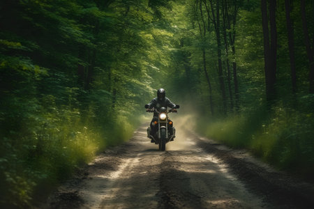 Motorcyclist driving on a dirt road through a green forest.の素材