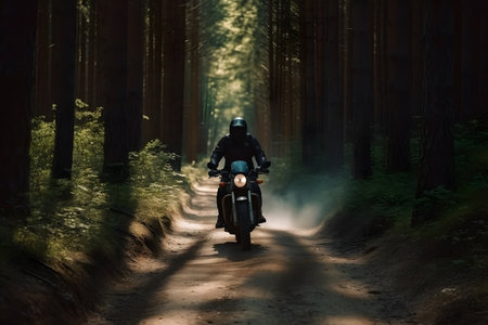 Motorcyclist riding on a dirt road in the forest at sunset.の素材