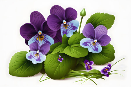 Purple and blue pansy flowers with green leaves on white backgroundの素材