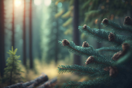 Pine tree with cones in the forest. Christmas and New Year backgroundの素材