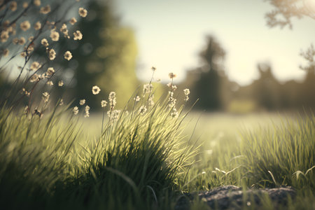 Sunset in the meadow with grass and flowers. retro styles.の素材