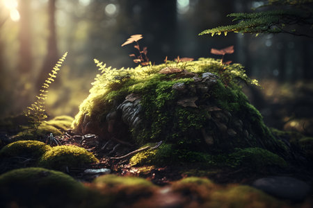 Mysterious dark forest with moss and ferns. Fairy autumn landscape.の素材
