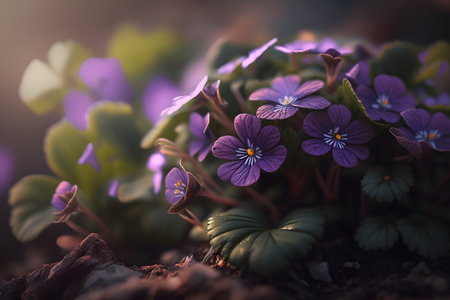 Miniature garden with blue pansy flowers and grass in the darkの素材