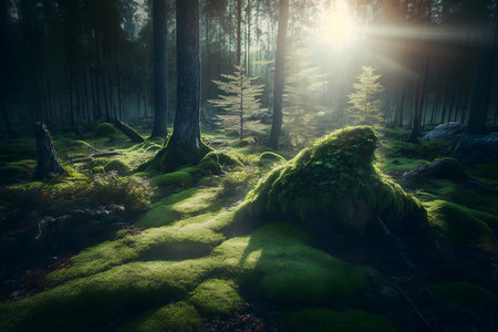 Mysterious forest with moss covered trees and rays of the sunの素材