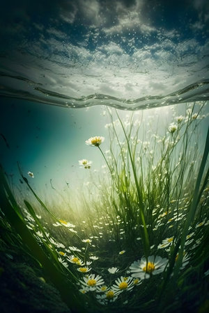 Underwater shot of grass and daisies under the water.の素材