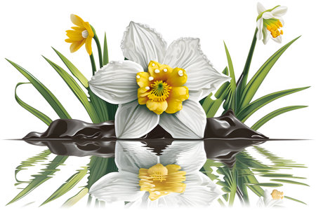 Narcissus flowers with reflection in water. Vector illustration.の素材
