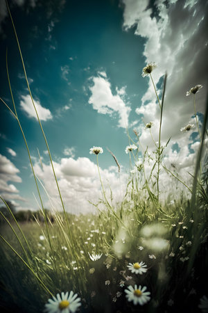 Field of daisies and blue sky with clouds - retro styleの素材
