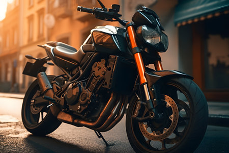 Modern motorcycle on the road in the evening. Close-up.の素材