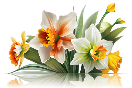 Spring flowers narcissus and daffodil isolated on white backgroundの素材