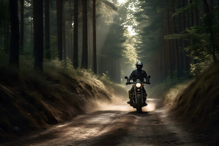 Motorcyclist on the road in the forest. Adventure and travel concept.の素材