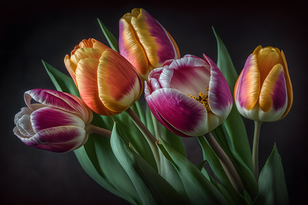 Bouquet of tulips on a dark background. Toned.の素材
