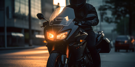 Motorcycle rider in helmet and leather jacket standing on the road.の素材