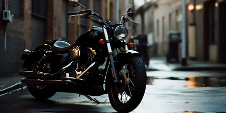 Motorcycle parked in the street in the evening. 3d renderingの素材