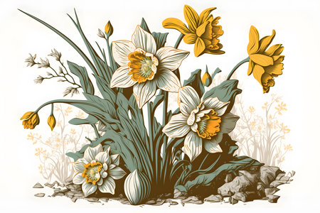 Hand drawn daffodils in vintage style. Vector illustration.の素材