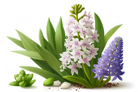 Hyacinth flowers and green leaves isolated on white background. Vector illustration.の素材