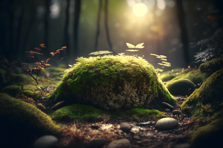 Fantasy forest with mossy rocks and flying butterflies. 3D Renderingの素材