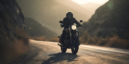 Motorcyclist riding on a dirt road in the mountains at sunsetの素材