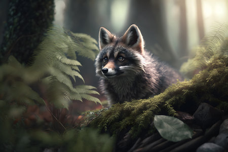 Beautiful fox portrait in the forest with ferns and leavesの素材