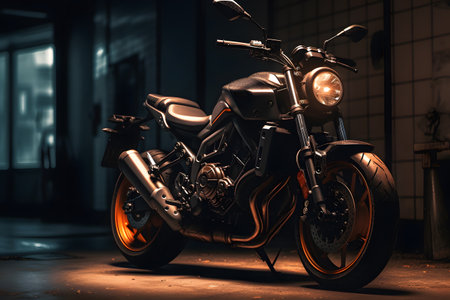 Close-up of a motorcycle parked in the city at night.の素材