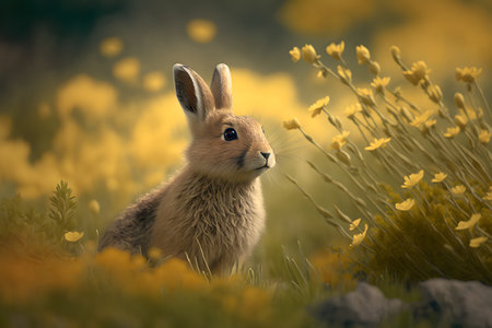 Rabbit in the meadow with yellow flowers on a sunny dayの素材