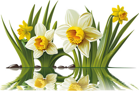 Daffodils on a white background with water reflection. Vector illustration.の素材