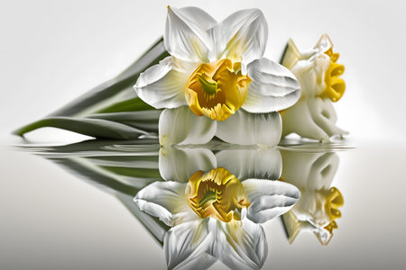Beautiful white daffodils on a gray background with reflectionの素材